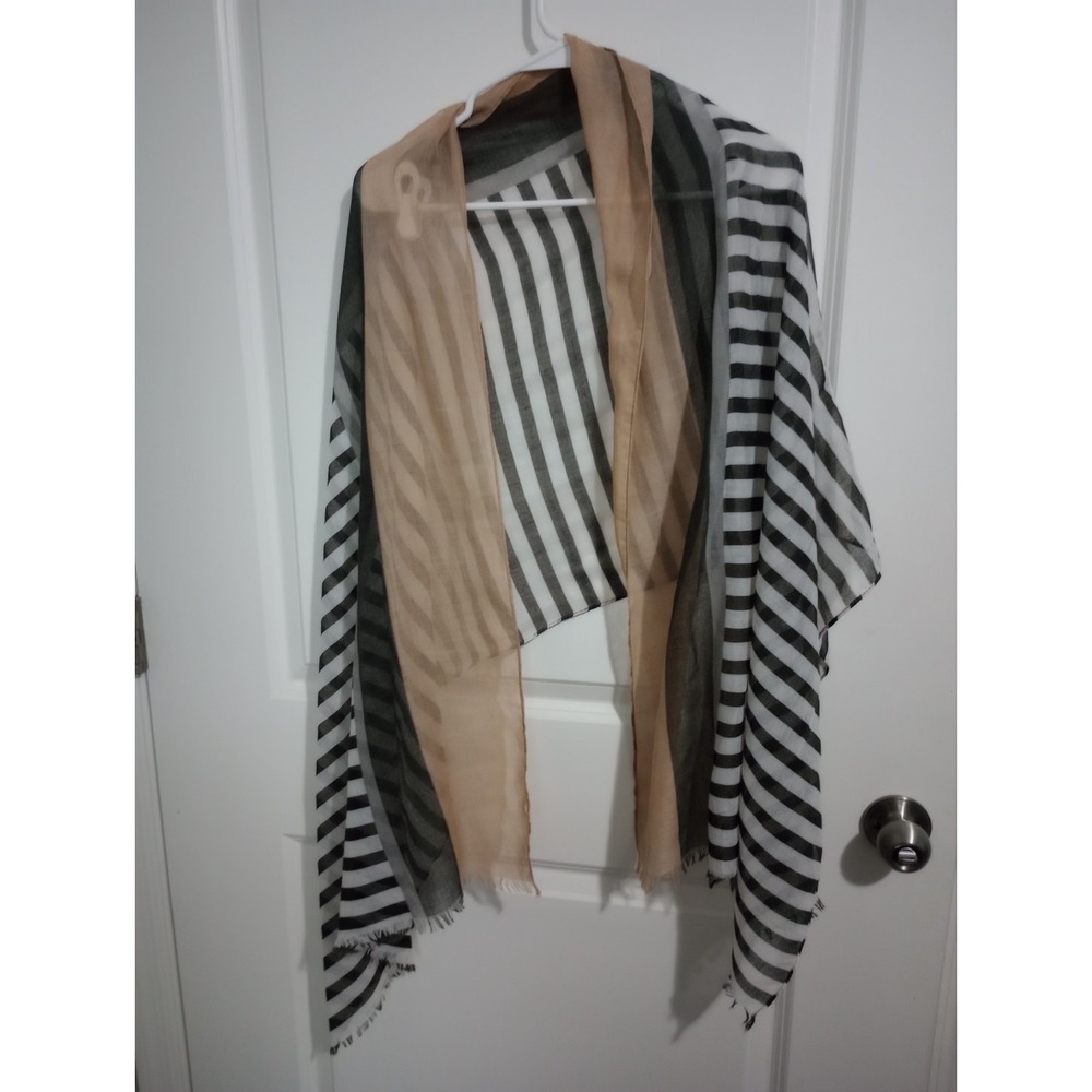 Sheer Striped Scarf Wrap Beige Black Gray Fringe Lightweight 66x25"